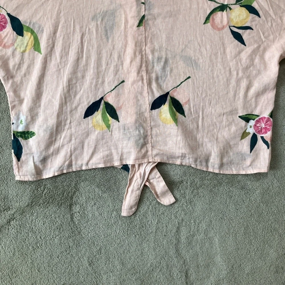 Rails Top Womens Large Pink Floral Lemon Linen Blend Tie Up Beachy Coastal‎